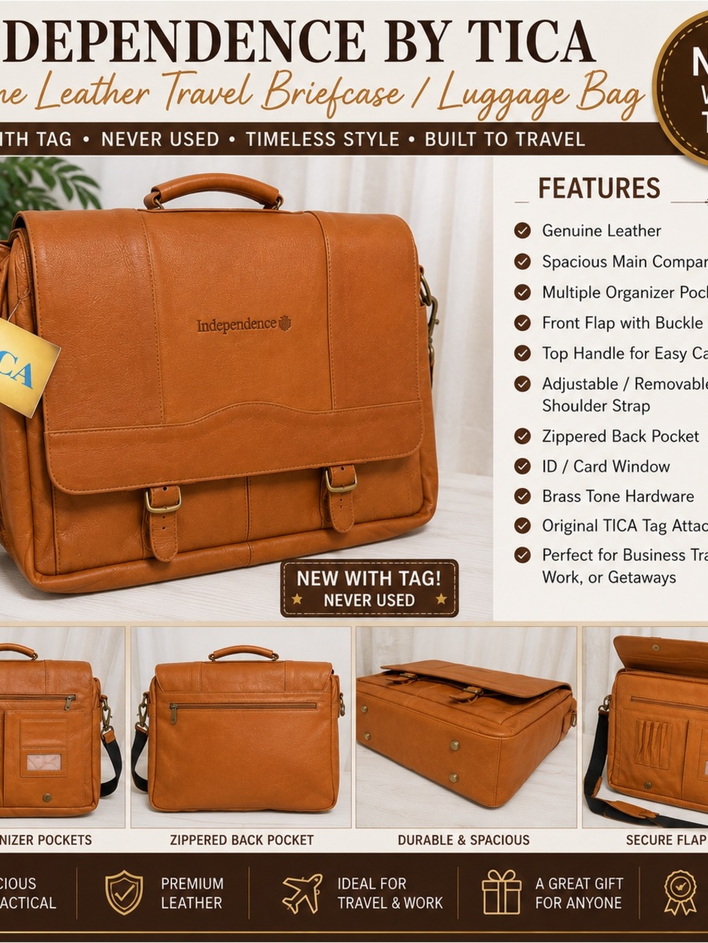 Tan Leather Men's Briefcase - Classic Travel Messenger